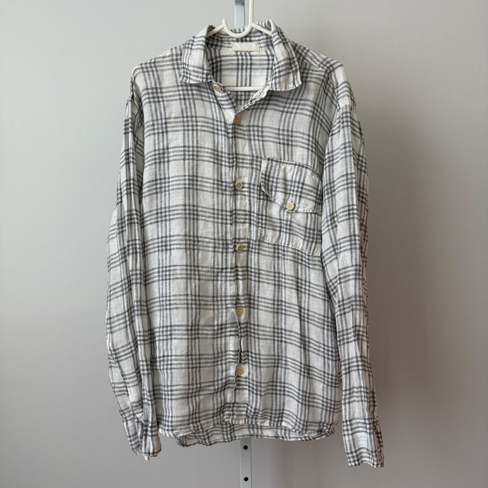 CP Shades Linen Boho Relaxed Plaid Button Down Shirt White Grey L